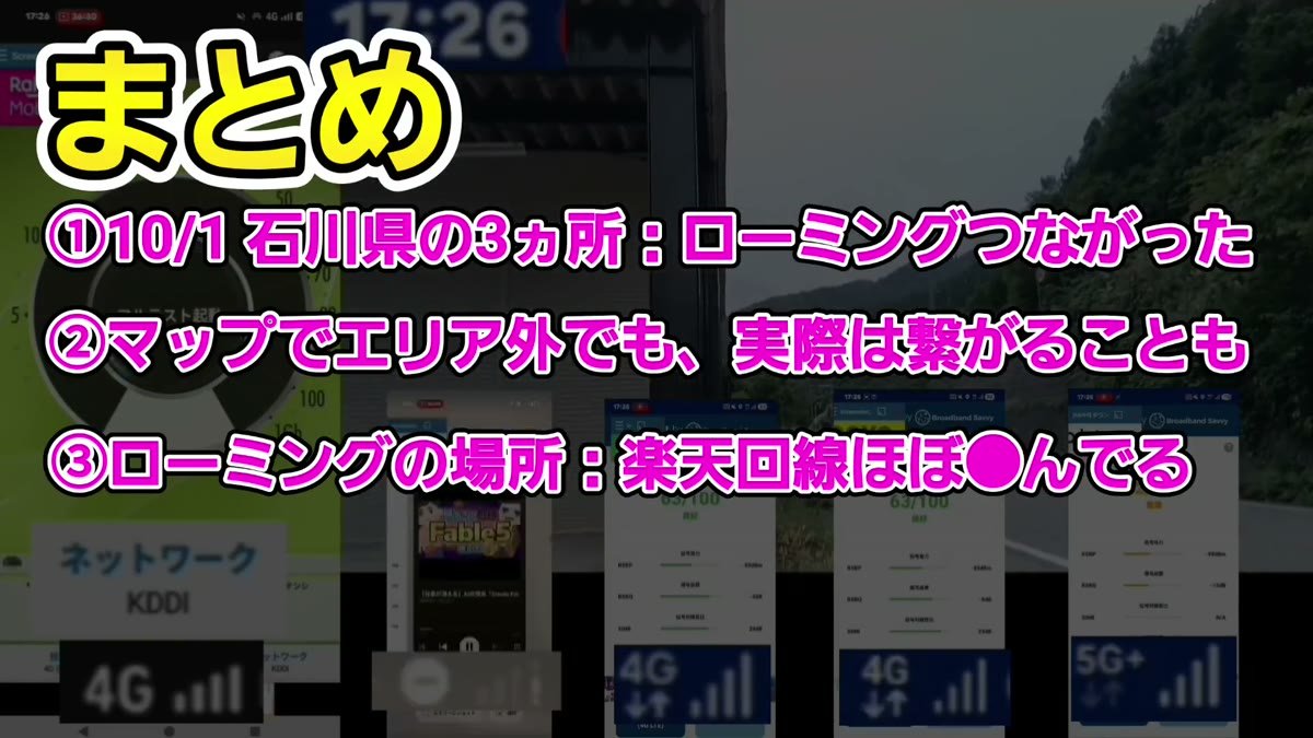 まとめ。10月1日の石川県3か所でローミングはつながった。地図でエリア外でもつながることがある。ローミングの場所は楽天回線がとても弱い