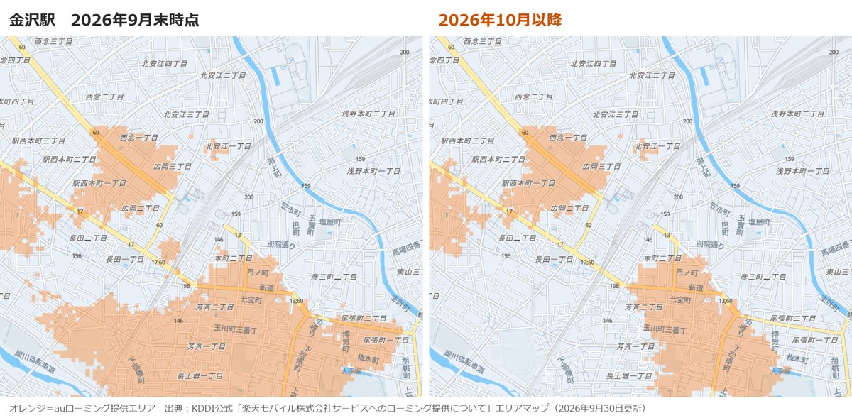 KDDIのauローミング提供エリアマップ 金沢駅周辺の2026年9月末時点と10月以降の比較。駅の建物のあたりはどちらも色がない